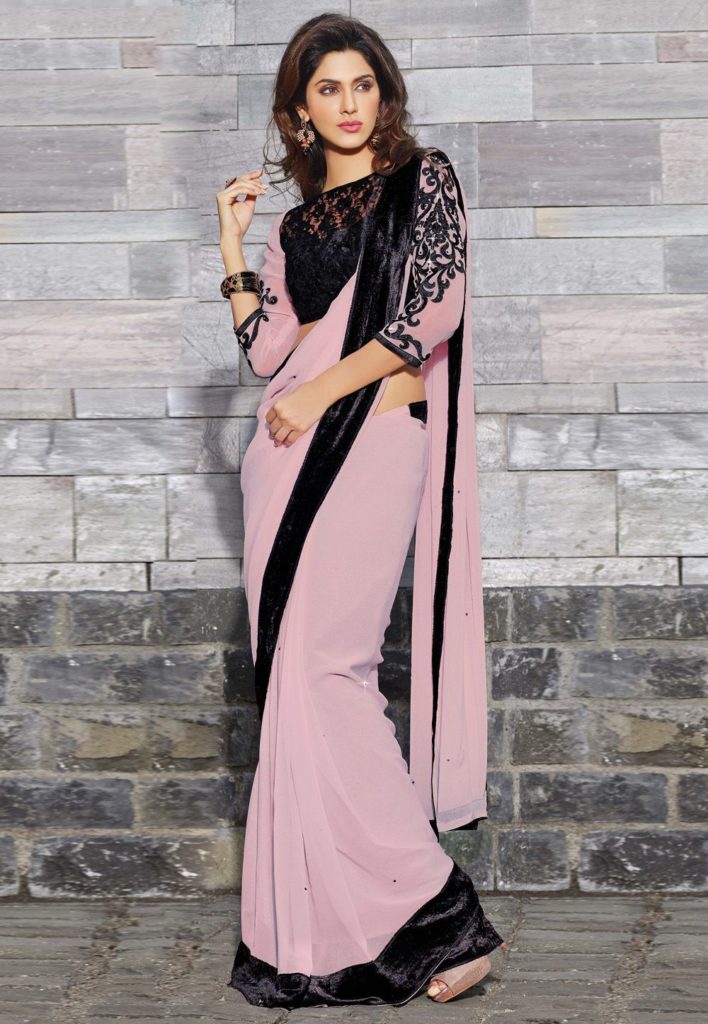 Baby Pink Tiered Saree With Black Blouse